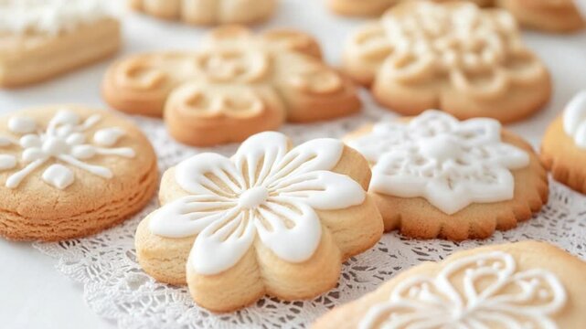 Decorated Cookies: An assortment of delicately decorated cookies, featuring intricate floral and lace designs in white icing, sits on a white lace doily.