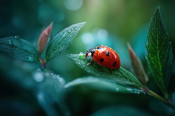 Fototapeta premium Bright ladybug resting on green leaves covered in morning dew