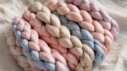 Close up of a pastel colored braided knit basket on a white fabric surface with soft lighting effect