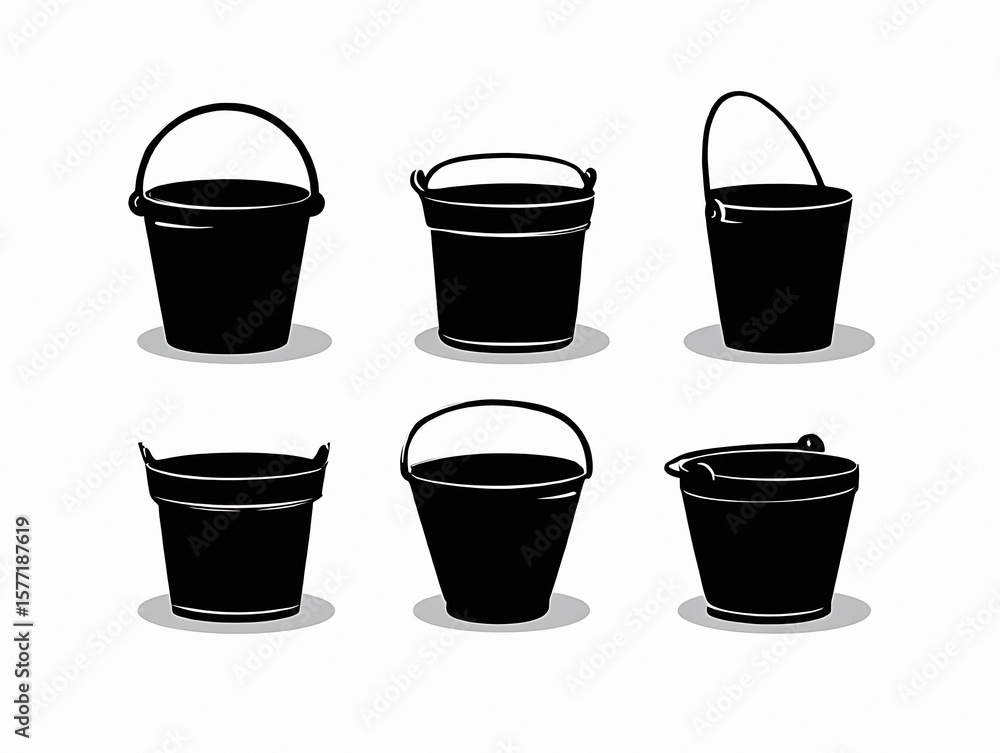 Poster a collection of six black bucket illustrations with varying handle styles on a white background