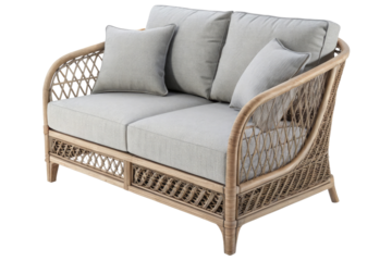 Elegant rattan loveseat with light gray cushions isolated on transparent background