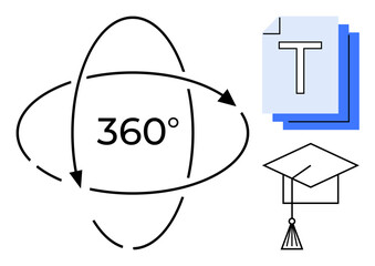 360-degree icon with dynamic arrows, text layers, and graduation cap emphasizing holistic education. Ideal for learning, innovation, strategy, knowledge, guidance, virtual tools simple landing page