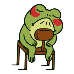 Obraz premium Cute cartoon frog mascot sleeping or tired, slumped over a chair, conveying rest, exhaustion, or a lazy mood.