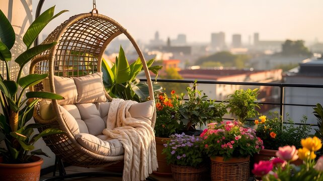 Cozy balcony with hanging chair and colorful flower garden