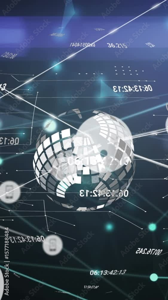 Poster animation of network of digital icons over spinning globe and plexus networks on blue background
