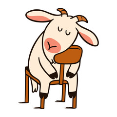 Cute cartoon goat mascot sleeping or tired, slumped over a chair, conveying rest, exhaustion, or a lazy mood.