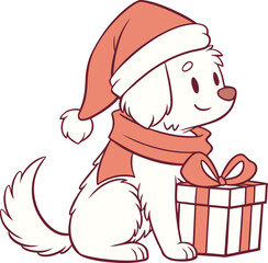 Adorable cartoon dog wearing a santa hat and scarf sits beside a festive gift box