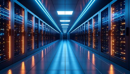 Obraz premium Futuristic Data Center Corridor Server Racks with Neon Lights Technology.