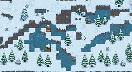 Snowy pixel art winter landscape featuring fir trees and flowing river running through snow-covered terrain.