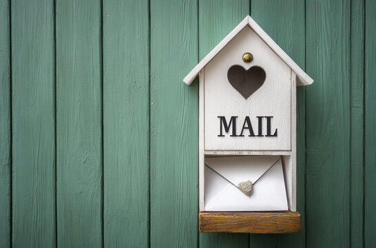 White wooden mailbox on a green wall with a heart-shaped hole and the text "MAIL" on it, a post office or home letterbox, October 9th Is World Mail Day