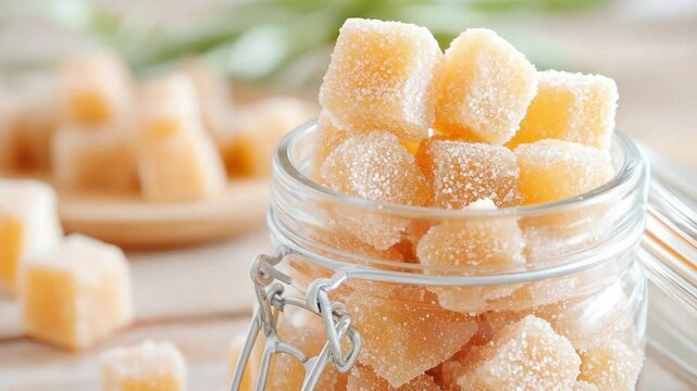 Candied Ginger Delight: A close-up captures a delightful array of candied ginger cubes nestled in a clear glass jar, with soft-focus elements adding depth to this enticing food photography scene.