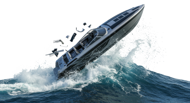 Sleek Gray and Black Powerboat Exploding from Ocean Wave.