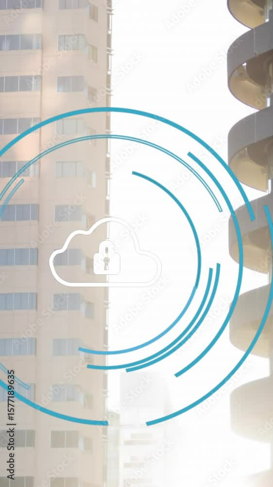 Poster animation of padlock and cloud in loading circles over midsection of buildings