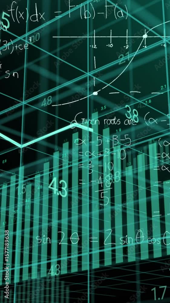 Poster animation of graphs over grid pattern against mathematical equation and diagrams