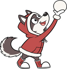 Cute cartoon raccoon wearing a red hooded jacket and boots happily tossing a snowball in the air
