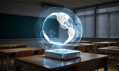 A classroom features a futuristic projector displaying a glowing globe hologram, symbolizing education and technology integration. Desks are empty - Powered by Adobe