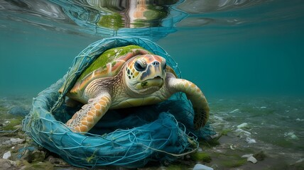 Sea Turtle Trapped in Fishing Net Underwater Environmental Impact