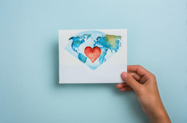 A hand holding an envelope with the planet Earth painted on it, in a watercolor style, top view, flat lay background. October 9th Is World Mail Day