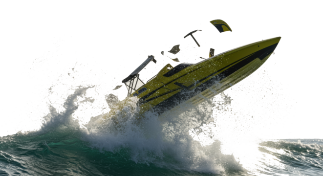 Yellow and Black Powerboat Soaring High Dynamic Water Splash.