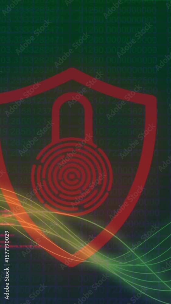 Poster animation of security padlock icon, gradient colorful digital wave, light spot and data processing