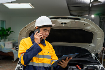 Mechanic in yellow safety jacket and helmet uses tablet and phone near car