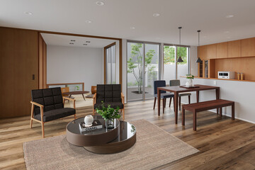 モダンな和風リビングとダイニングスペース、自然光と観葉植物が調和したインテリアデザイン