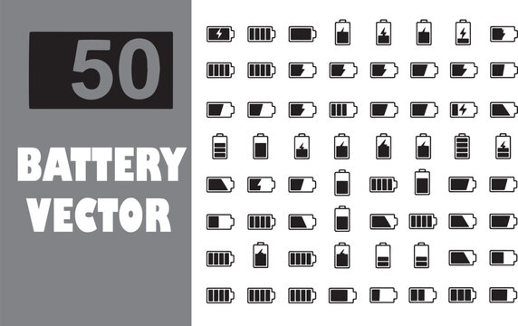Versatile collection of 50 battery charge indicator vector icons, perfect for digital interfaces, mobile applications, and graphic design projects requiring power level representation