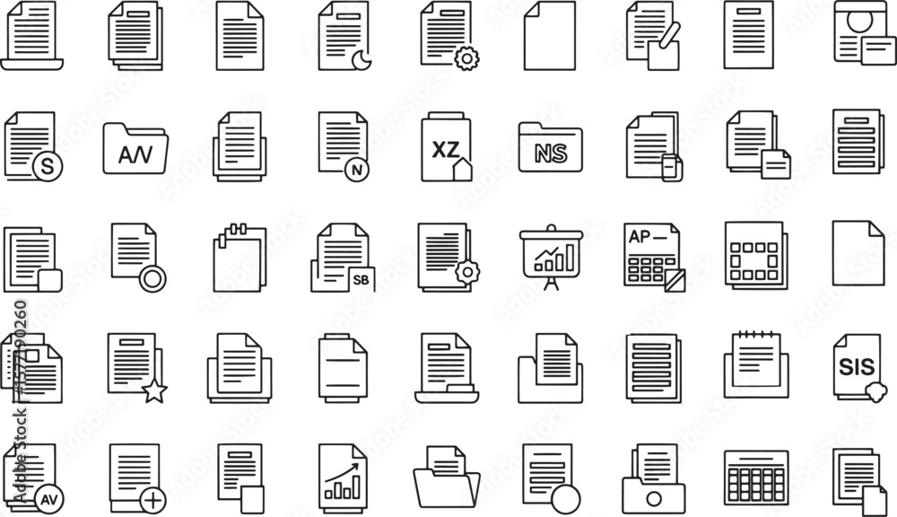 Fototapete A comprehensive set of outline icons depicting various document and file types, perfect for digital interfaces, office software, and data management designs

