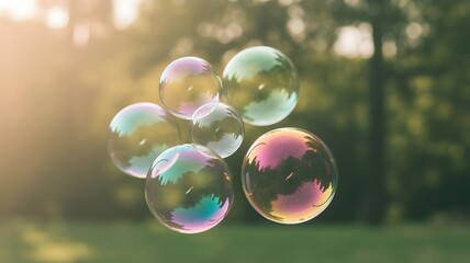 Colorful iridescent soap bubbles floating over blooming  garden in soft sunlight
