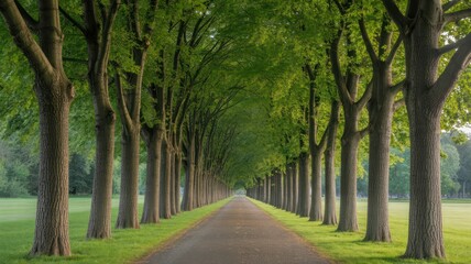 Avenue of trees with green leaves forming a canopy over a path leading into the distance in parkland