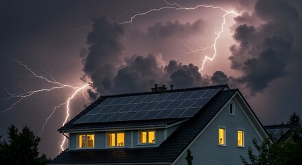 Lightning Storm Over Solar Panel House &ndash; Renewable Energy Home with Photovoltaic Rooftop Technology.
