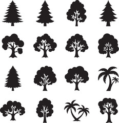 Fototapeta premium A diverse collection of tree silhouettes, including various evergreen, deciduous, and palm tree shapes, perfect for nature, landscape, and environmental design projects