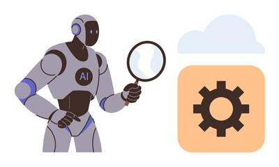 Robotic figure labeled AI examining cloud technology with magnifying glass and gear, representing data analysis, automation, and innovation. Ideal for tech, AI tools, cloud computing, research