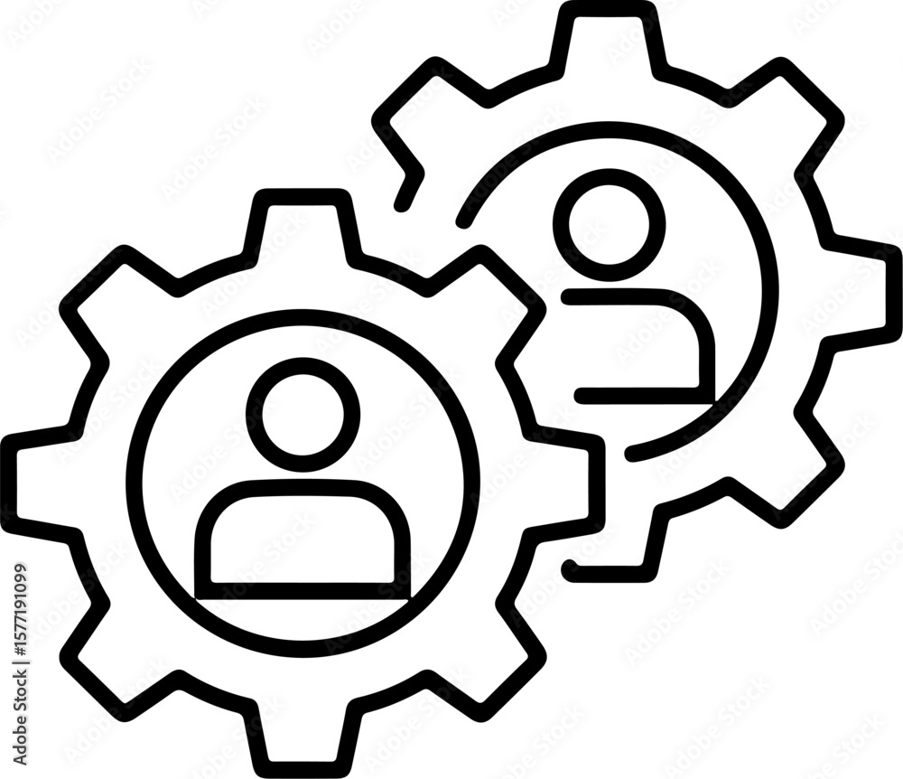 Poster two interconnected gears with human icons inside symbolizing teamwork and collaboration
