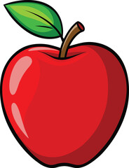 A vibrant cartoon illustration of a shiny red apple with a green leaf and brown stem on a white background