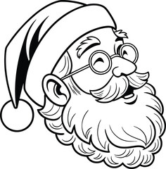 Whimsical black and white illustration of santa claus s cheerful face with a fluffy beard and festive hat