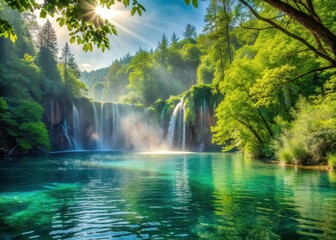 Misty veil rises from the turquoise waters of Plitvice Lakes National Park as sunlight filters through the lush green foliage on a warm and sunny summer day
