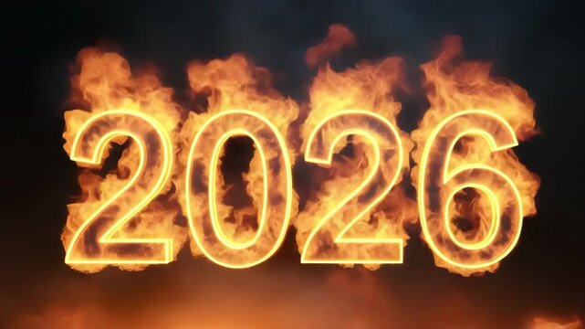 Majestic Flaming &ldquo;2026&rdquo; Numerals Engulfed in Intense Dynamic Fiery Flames