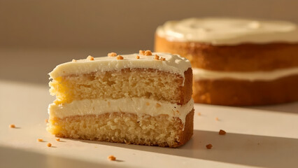 Two Layered Cake Slice with White Frosting and Sprinkles in Soft Sunlight