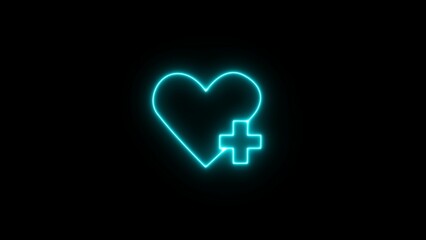 neon plus sign on black background. neon line Heart with a cross icon illustration. neon line Heart with a cross icon illustration.