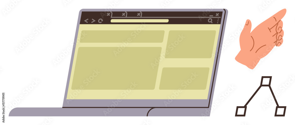 Poster open laptop displaying webpage layout, pointing hand gesture, and basic flowchart. ideal for web des