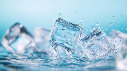 Refreshing ice cubes on a light blue background create a cool, crisp sensation with sparkling water droplets and clean aesthetic.