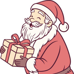 Joyful santa claus holding a beautifully wrapped gift with a red ribbon and bow ready for christmas