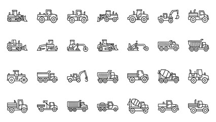 Construction Vehicle Line Icon Set – Bulldozer, Loader, Grader, Paver, Roller, Mixer, Hauler Vector Illustration

