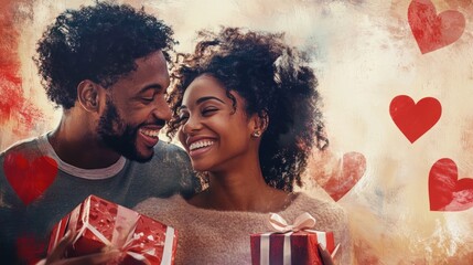 Happy couple holding gifts, smiling