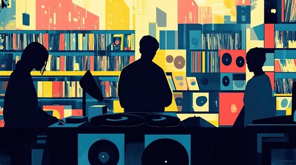 A montage featuring silhouettes of individuals browsing record stores, organizing collections, and listening to vinyl records. The background includes a cozy room and a cityscape with music shops,