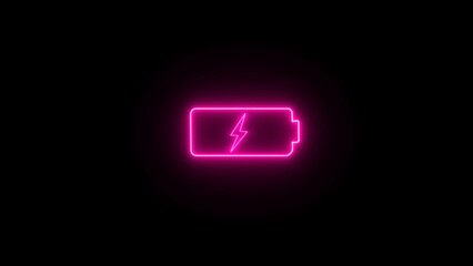 Neon pink color power button icon on black background. neon battery charging power icon illustration.