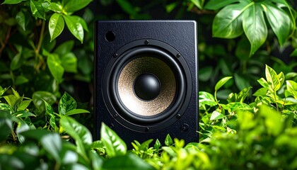 HiFi Speaker in Lush Greenery Audio Nature Concept with Sound System, and Surround.