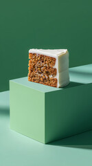 slice of carrot cake with visible walnut and carrot bits, dessert
