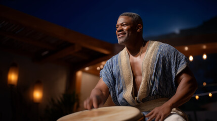 Passionate Drummer Performing on Stage in Warm Theater Lighting